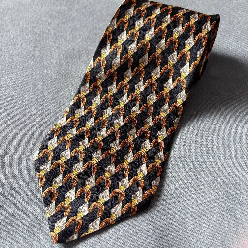 Fumagalli Silk Tie Navy Equestrian Chain Geometric Italy Design Vintage